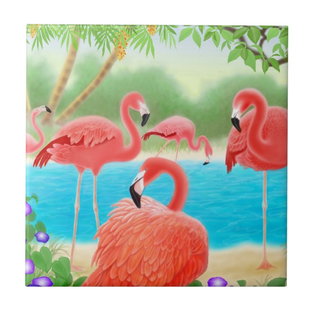 Tropical Pink Flamingo Birds Tile (Front)