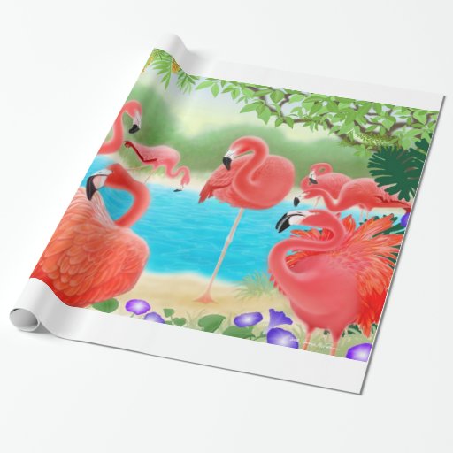 Image of Tropical Pink Flamingo Birds Wrapping Paper