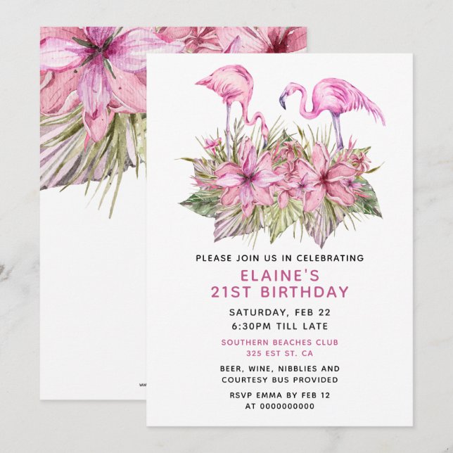 Tropical Pink Flamingo Birthday Party Invitation (Front/Back)