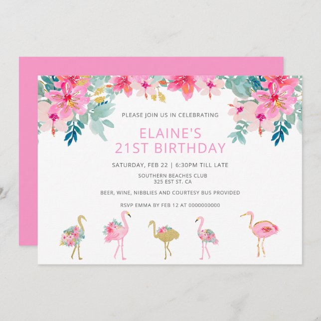 Tropical Pink Flamingo Birthday Party Invitation (Front/Back)