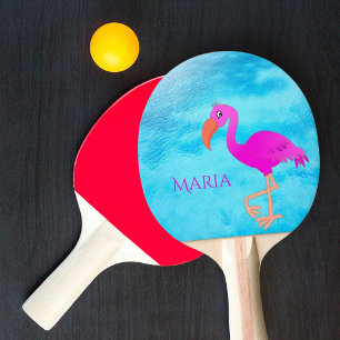 Tropical pink flamingo blue sea monogram ping pong paddle
