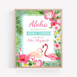Tropical Pink Flamingo Bridal Shower Welcome Sign<br><div class="desc">Wedding bridal shower welcome sign / poster features two pretty pink flamingos with a lush frame of green palm leaves and tropical hibiscus flowers in shades of hot pink, sunshine yellow, and white. Stylish Aloha text with aqua blue banner title can be fully-personalized for your event and the bride-to-be's name....</div>