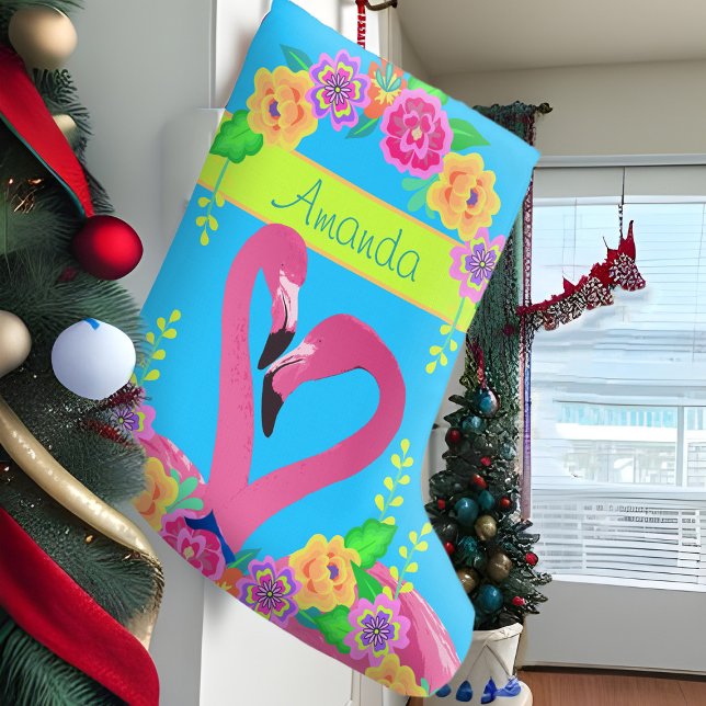Tropical Pink Flamingo Colourful Florida Fun Moder Large Christmas Stocking (Tropical pink flamingo bright pink & blue personalized Christmas stocking)