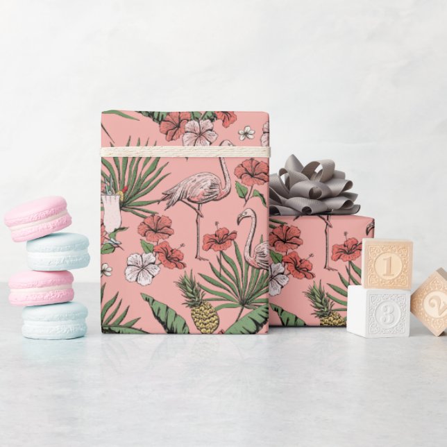 Tropical Pink Flamingo Coral Floral Pattern Wrapping Paper (Baby Shower)
