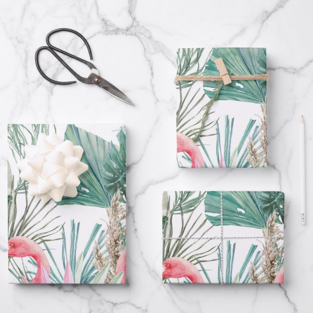 Tropical Pink Flamingo Couple Wedding Wrapping Paper Sheet (Front)