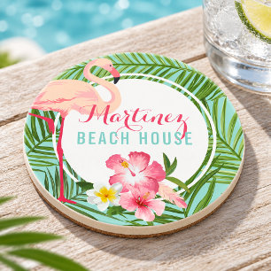 Tropical Pink Flamingo Custom Monogram Beach House Coaster
