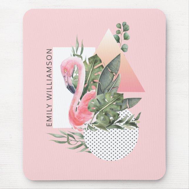 Tropical Pink Flamingo Feminine Collage with Name Mouse Mat (Front)