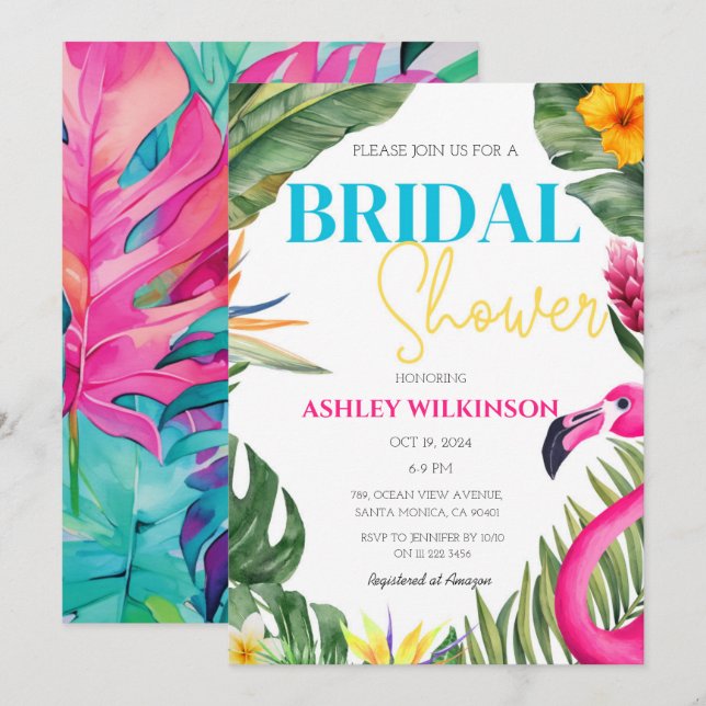 Tropical Pink Flamingo Floral Beach Bridal Shower Invitation (Front/Back)