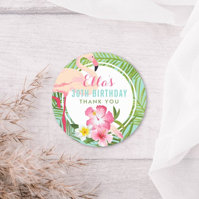 Tropical Pink Flamingo Floral Birthday Party Classic Round Sticker (Creator Uploaded)