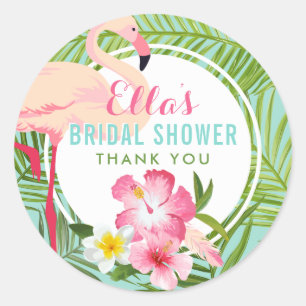 Tropical Pink Flamingo Floral Bridal Classic Round Sticker