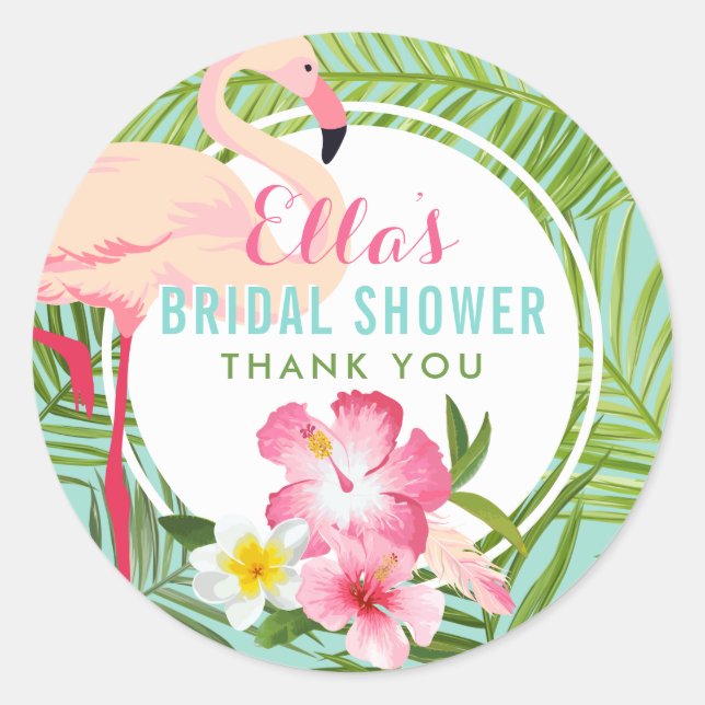 Tropical Pink Flamingo Floral Bridal Shower Classic Round Sticker (Front)