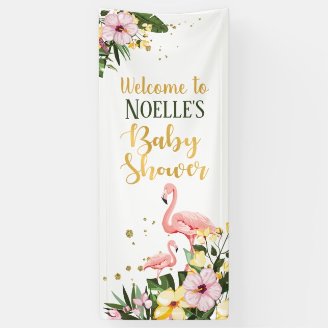 Tropical Pink Flamingo Floral Gold Baby Shower Banner (Vertical)
