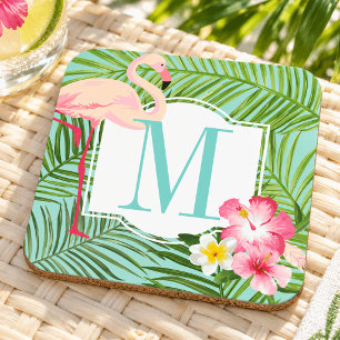 Tropical Pink Flamingo Floral Monogram Initial Coaster