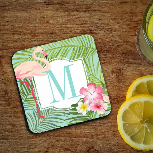 Tropical Pink Flamingo Floral Monogram Initial Coaster (Creator Uploaded)