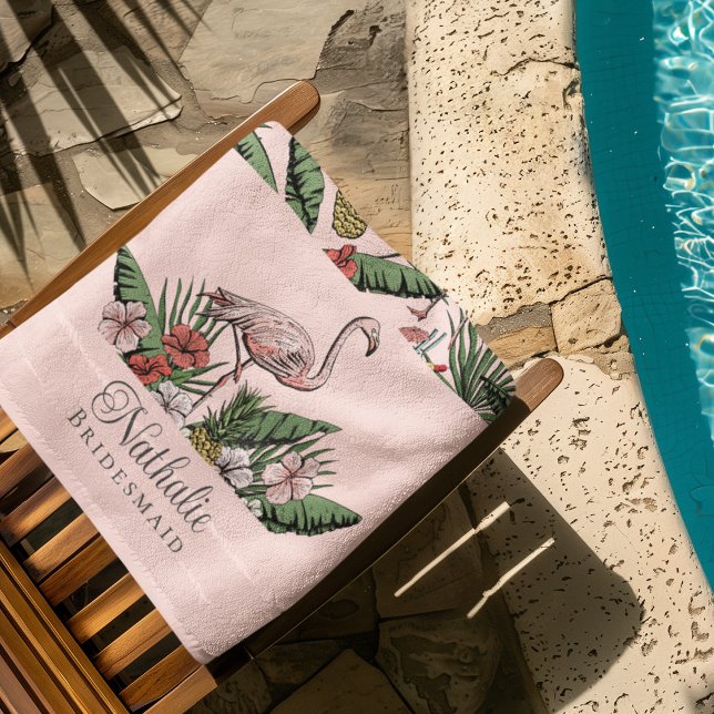 Tropical Pink Flamingo Floral Pattern Beach Towel (Tropical Pink Flamingo Bridesmaid Beach / Pool Towels. Flamingo, Hibiscus Flowers, Pineapple, Drinks)