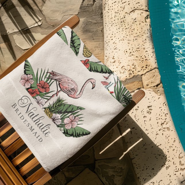 Tropical Pink Flamingo Floral Pattern Ivory Beach Towel (Tropical Pink Flamingo Bridesmaid Beach / Pool Towels. Flamingo, Hibiscus Flowers, Pineapple, Drinks)