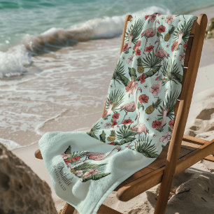 Tropical Pink Flamingo Floral Pattern Turquoise Beach Towel