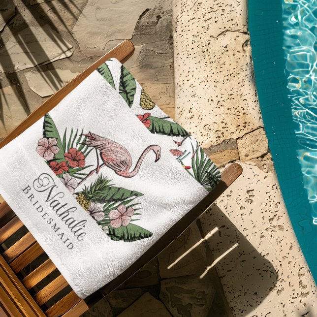 Tropical Pink Flamingo Floral Pattern White Beach Towel (Tropical Pink Flamingo Bridesmaid Beach / Pool Towels. Flamingo, Hibiscus Flowers, Pineapple, Drinks)