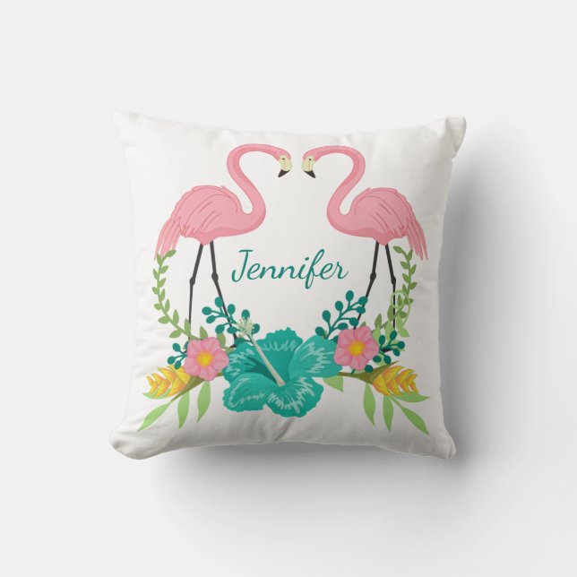 Tropical Pink Flamingo Floral Personalised Cushion (Front)