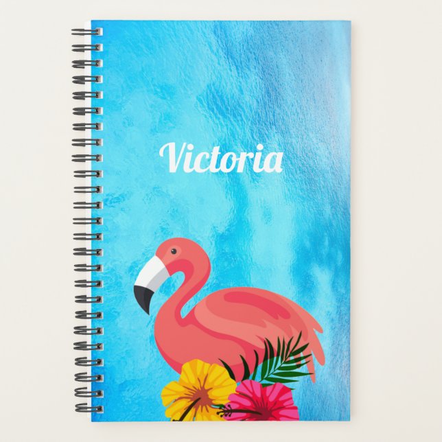 Tropical Pink Flamingo & Flower | Monogram Planner (Front)