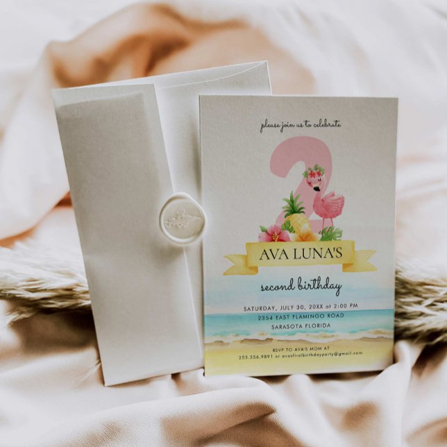 Tropical Pink Flamingo Girl 2nd Birthday Invitation (Creator Uploaded)