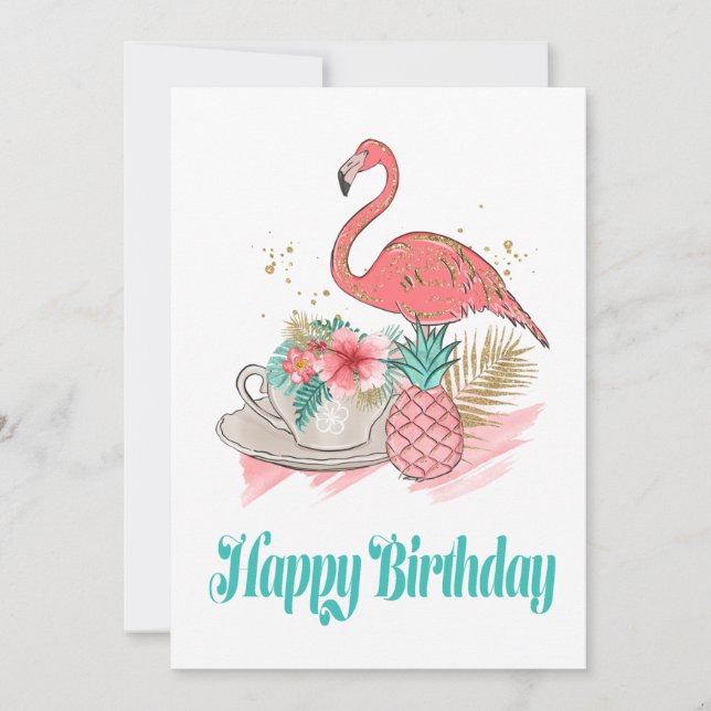 Tropical Pink Flamingo Gold Glitter Happy Birthday Card (Front)