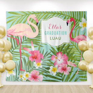 Tropical Pink Flamingo Graduation Luau Backdrop Tapestry