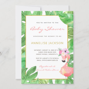 Tropical pink flamingo green leaves baby shower in invitation