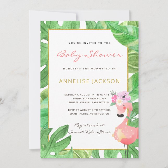Tropical pink flamingo green leaves baby shower invitation (Front)