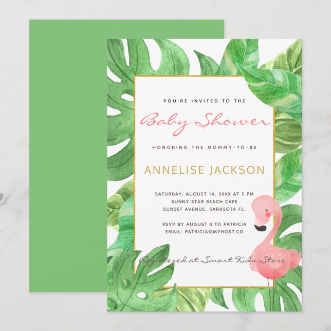 Tropical pink flamingo green leaves baby shower invitation (Front/Back)