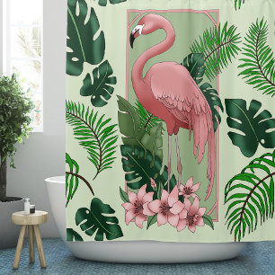 Tropical Pink Flamingo Green Palm Leaves Lilies Shower Curtain