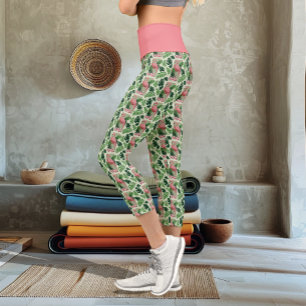 Tropical Pink Flamingo Green Palm Leaves Lily Capri Leggings