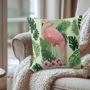 Tropical Pink Flamingo Green Palm Leaves Lily Cushion
