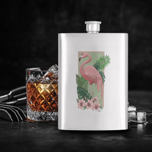 Tropical Pink Flamingo Green Palm Leaves Lily Hip Flask