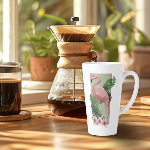 Tropical Pink Flamingo Green Palm Leaves Lily Latte Mug