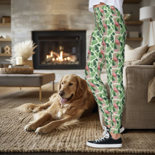 Tropical Pink Flamingo Green Palm Leaves Lily Leggings