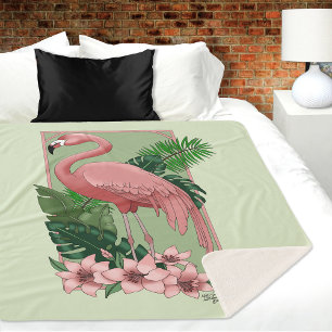 Tropical Pink Flamingo Green Palm Leaves Lily Sherpa Blanket
