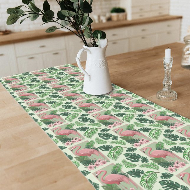 Tropical Pink Flamingo Green Palm Leaves Lily Short Table Runner (Creator Uploaded)