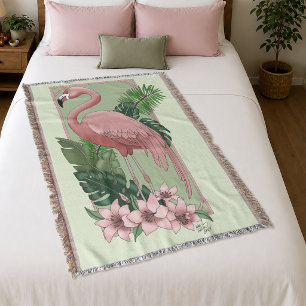 Tropical Pink Flamingo Green Palm Leaves Lily Throw Blanket