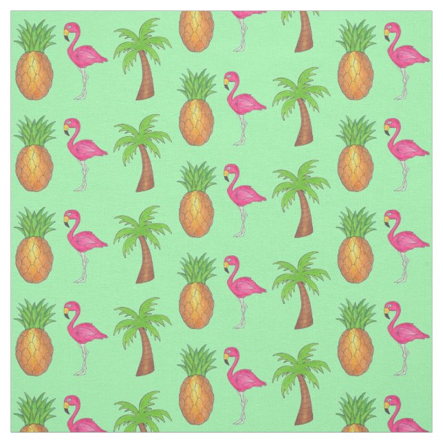 Tropical Pink Flamingo Green Palm Tree Pineapple Fabric (Swatch)