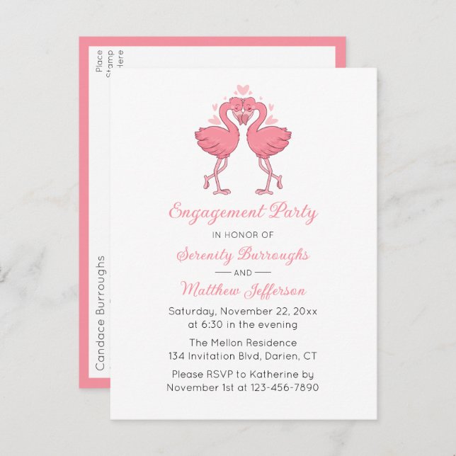 Tropical Pink Flamingo Hawaiian Engagement Party Invitation Postcard (Front/Back)