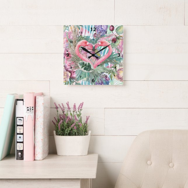 Tropical Pink Flamingo Heart Abstract Layered Art Square Wall Clock (Reading Room)