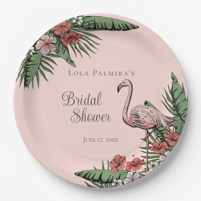Tropical Pink Flamingo Hibiscus Bridal Shower Paper Plate (Front)
