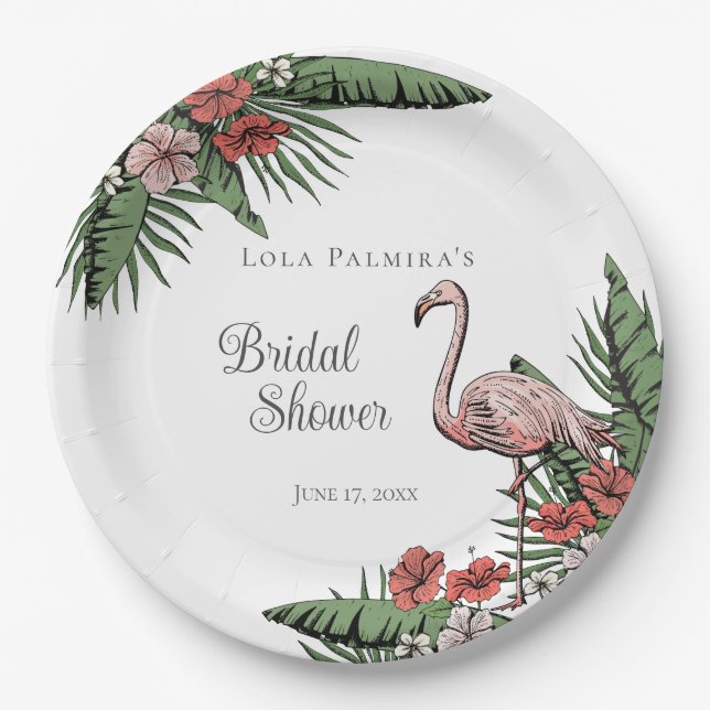 Tropical Pink Flamingo Hibiscus Bridal Shower Paper Plate (Front)