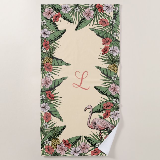 Tropical Pink Flamingo & Hibiscus Monogrammed Beach Towel (Front)