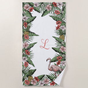 Tropical Pink Flamingo & Hibiscus Monogrammed Beach Towel
