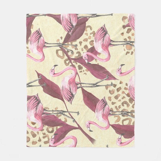 Tropical pink flamingo, leopard pattern. fleece blanket (Front)