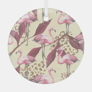 Tropical pink flamingo, leopard pattern. glass tree decoration