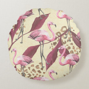 Tropical pink flamingo, leopard pattern. round cushion