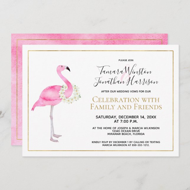 Tropical Pink Flamingo Magnolia Floral Reception Invitation (Front/Back)